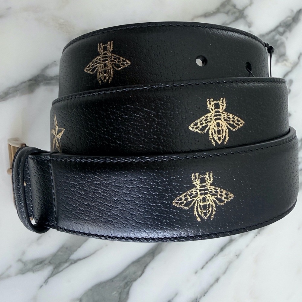 Gucci 495122 Black Leather Bee and Star Print Belt Gold‎ Buckle size 95/38 - Picture 5 of 12